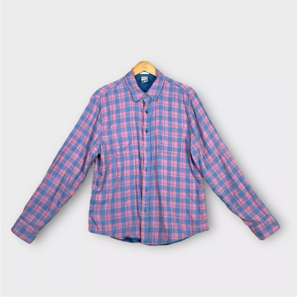 Faherty Reversible Flannel Shirt Mens XL Blue Solid Pink Blue Plaid L/S Designer